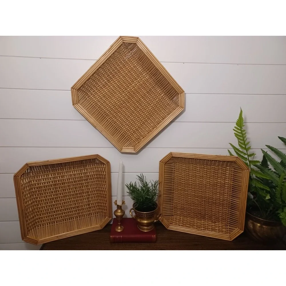 Boho woven bambo/ wicker wall hangings / trays set of 3